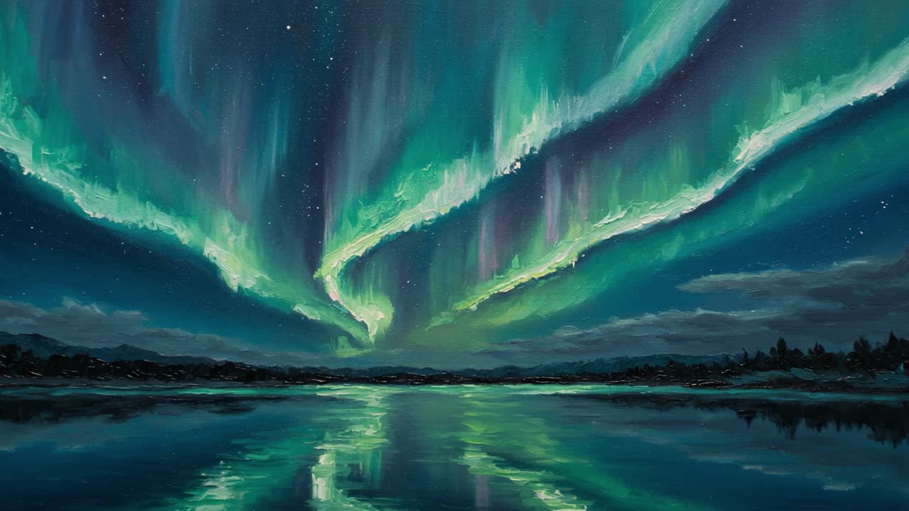 Uno spettacolo incantevole dell'Aurora Boreale che illumina un lago tranquillo, riflettendo perfettamente i suoi colori vibranti in un cielo notturno.