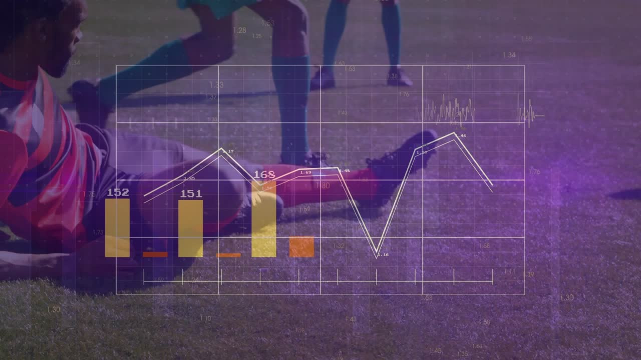Spiller i grønt dribler bold på træningsbane, hvilket får datagrafer til at opdatere, mens en forsvarer tackler.
