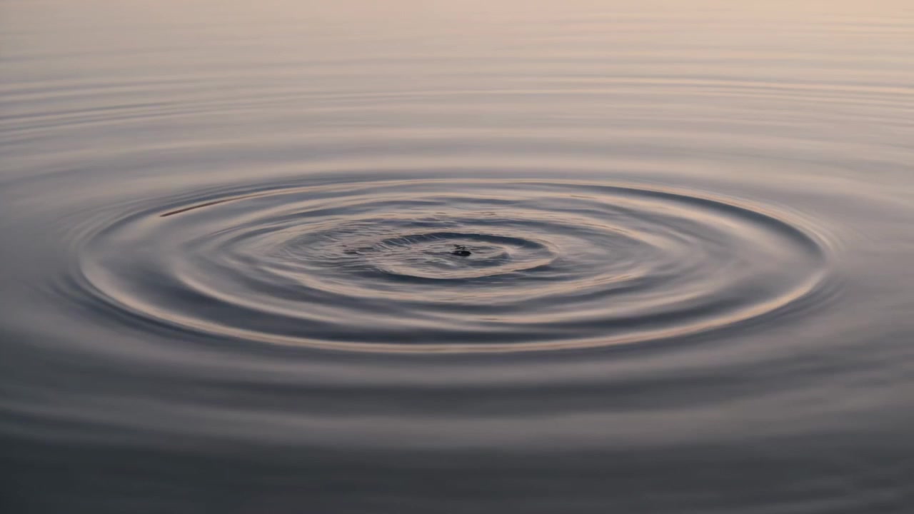 Anelli concentrici increspati che si diffondono sulla superficie di acqua calma all'alba, causati dall'impatto di una goccia.