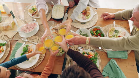 lunch, cheers and family with juice in dining room