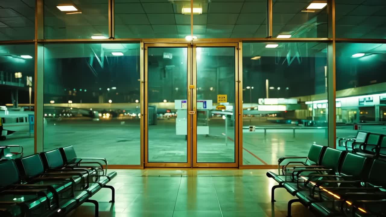 A row of empty chairs in an airport waiting area at night