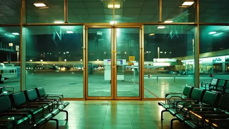 a row of empty chairs in an airport waiting area at night