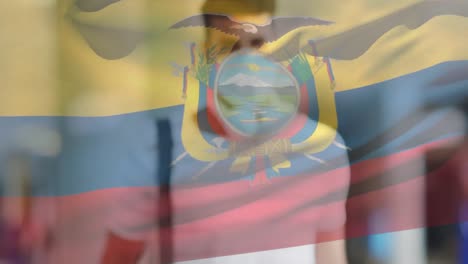 animation of flag of equador waving over latin man wearing face mask in city street