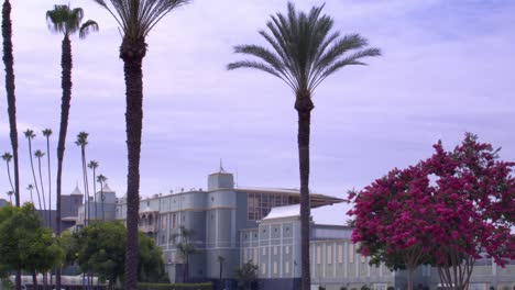 Santa-Anita-Park-Clubhouse-and-palm-trees-in-Arcadia,-California-with-wide-stable-video-shot