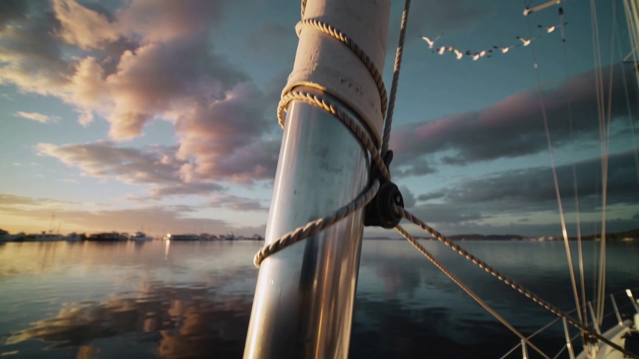 Telecamera in movimento che si avvicina all'albero di una barca a prua nel porto, catturando riflessi dorati e la vela avvolta.