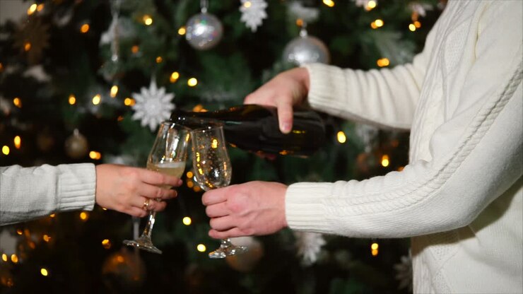 Cheers to Christmas! Couple toasting with Champagne