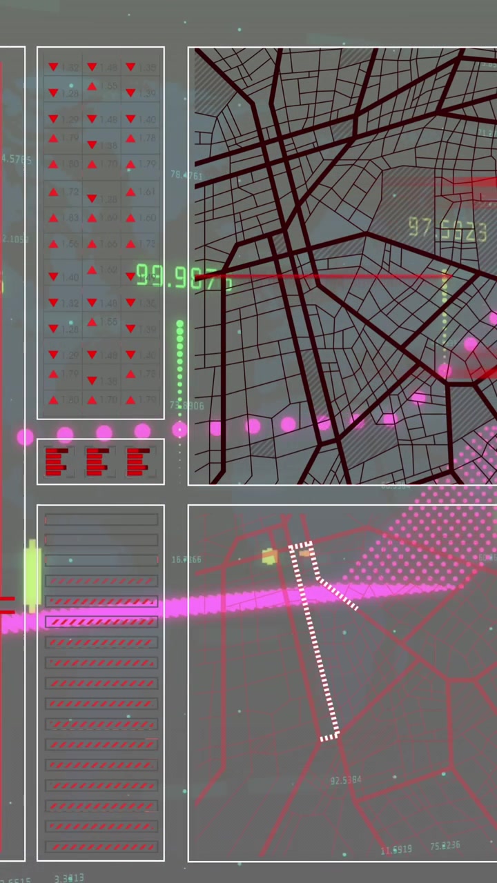 Animation of data processing over world map on grey background