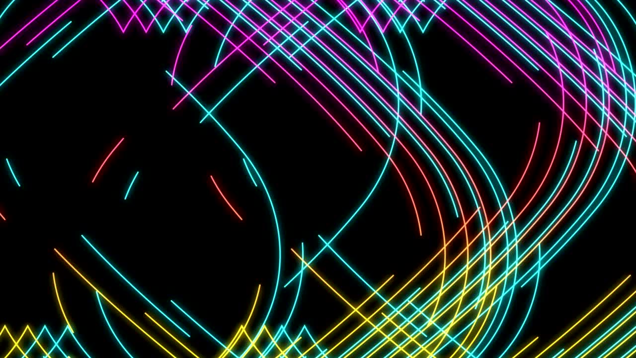 Abstract Line heart lighting moving pink yellow and blue color, technology network digital data transfer concept design, glowing on black background seamless looping animation 4K with copy space