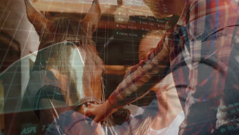 instructor adjusting horse bridle inside wooden stable, overlaying stock market graphs and data