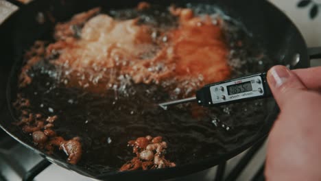 Überprüfung-Der-Öltemperatur-In-Der-Pfanne-Mit-Gebratenem-Fisch-Mit-Küchenthermometer