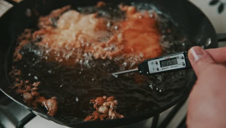 control de la temperatura del aceite dentro de la sartén con pescado frito con termómetro de cocina