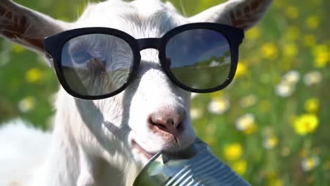 a cool goat with sunglasses enjoys a refreshing snack in a field full of colorful flowers, embracing a joyful outdoor experience