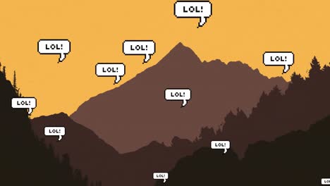 multiple speech bubbles with lol text floating against landscape with mountains