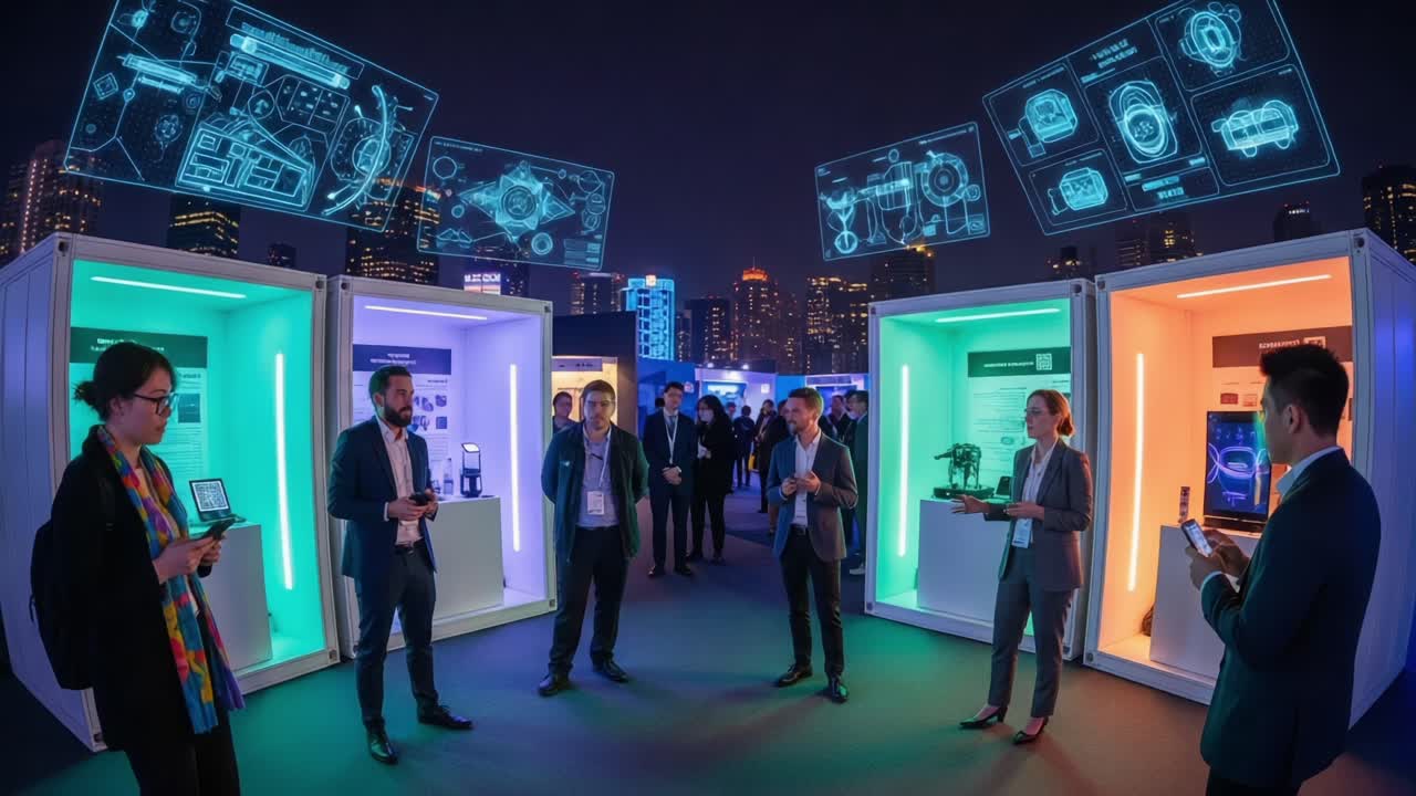 Futuristic Technology Expo: Engaging Attendees with Interactive Displays and Innovative Solutions Under a Night Sky