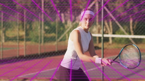preparing to serve, tennis player with purple animation overlay on court