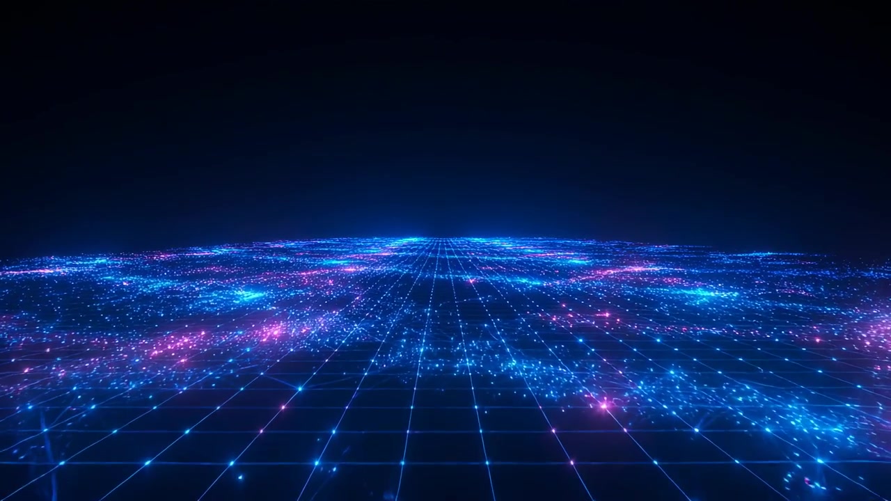 Shining blue neon grid, pulsing nodes, cyan-magenta clusters responding to dolly for depth in void