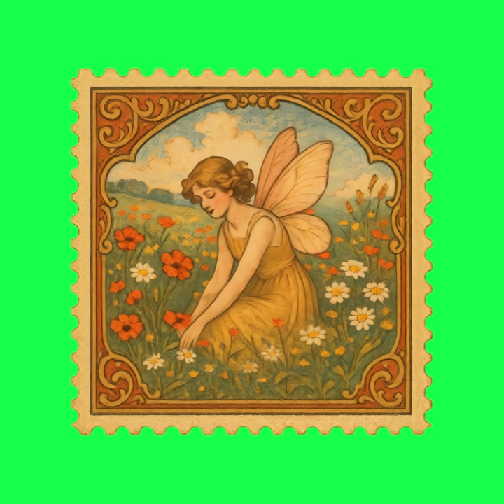 Illustrazione vintage di una fata in piedi in un prato fiorito