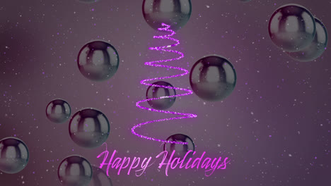 Animation-of-snow-falling-over-season's-greetings-text-and-christmas-tree-formed-with-shooting-star