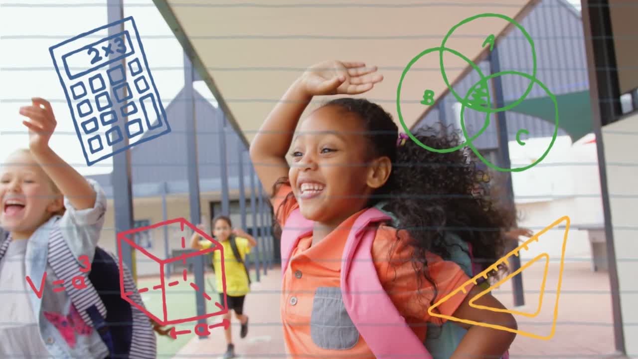 Animation of school icons over diverse schoolchildren