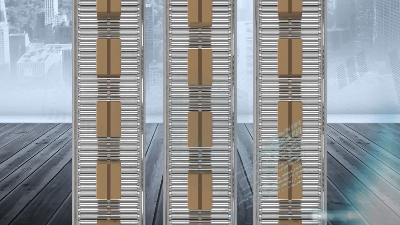animación del procesamiento de datos sobre cajas de cartón en cintas transportadoras y paisaje urbano