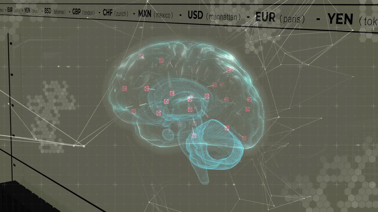 After currency ticker updating, 3D brain rotating, data nodes pulsing, visualizing market network