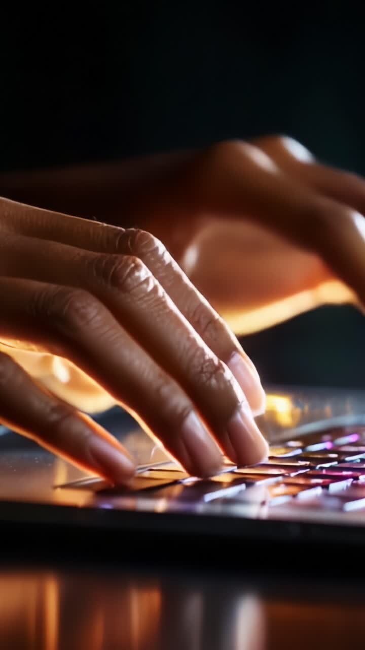 Close-up Image of Hands Typing on a Backlit Keyboard, Highlighting Precision and Dexterity in a Modern Digital Environment with Soft Lighting Effects