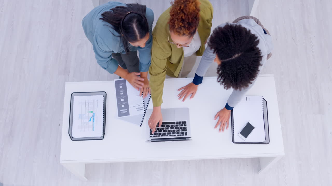 Documents, laptop and business people planning