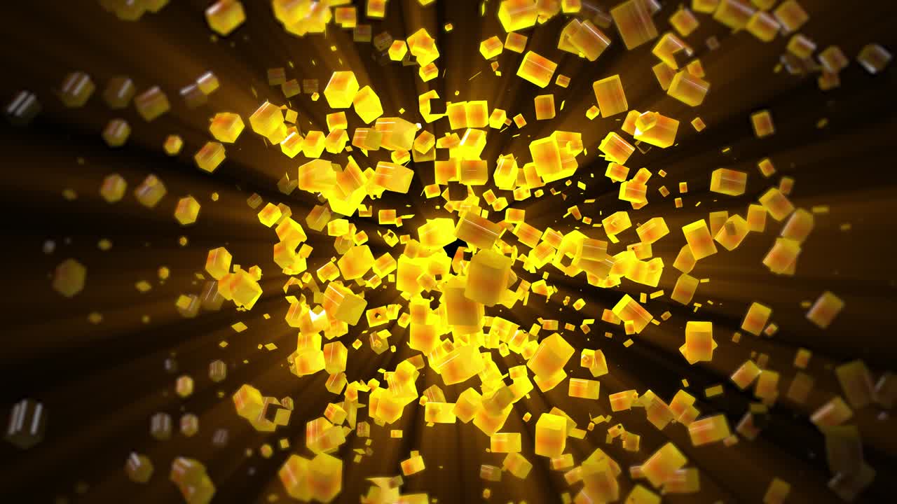 추상적인 빛나는 황금 사각형 모양이 검은 공간에서 떠다니고 있습니다.