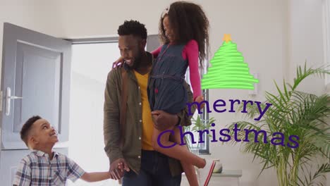 Animación-De-Feliz-Navidad-Sobre-Un-Feliz-Padre-Afroamericano-Con-Niños