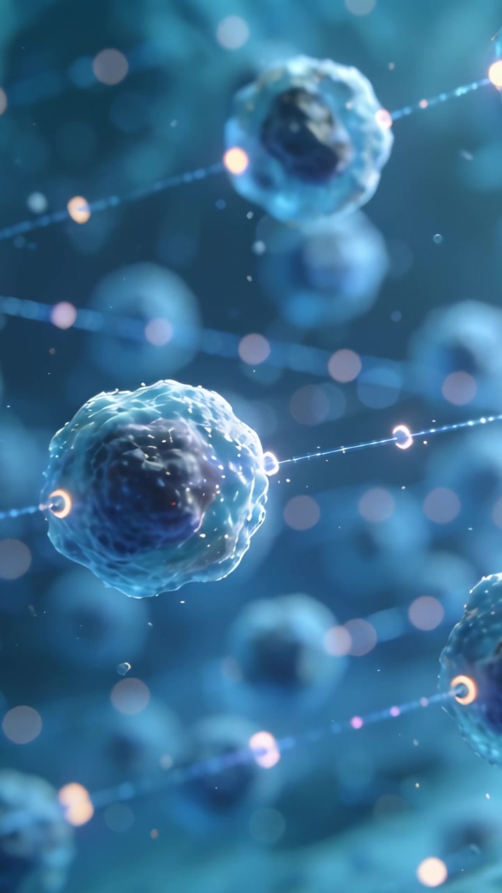 Vertical video: Drifting cam revealing center sphere in blue fluid with pulsing filaments