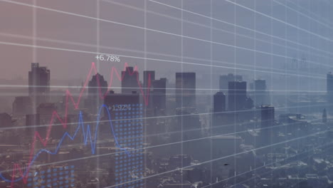 animación del procesamiento de datos estadísticos frente a una vista aérea del paisaje urbano