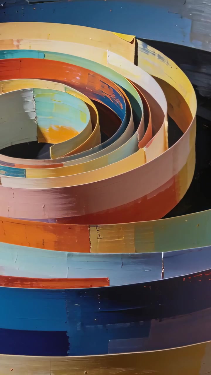 Vertical video: Panning camera revealing bold stacked spiral artwork in studio to reveal center