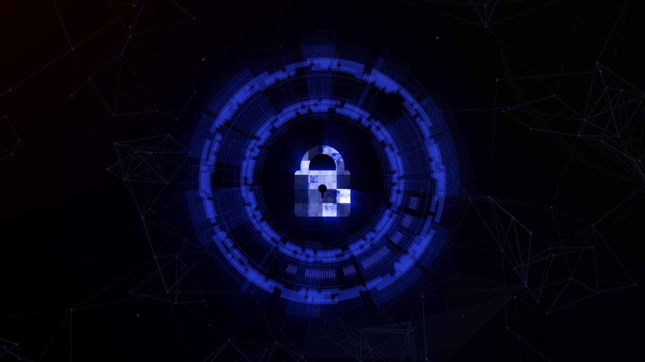Blue key and circle security and firewall motion graphic on dark background, The security system for computer and network concept.