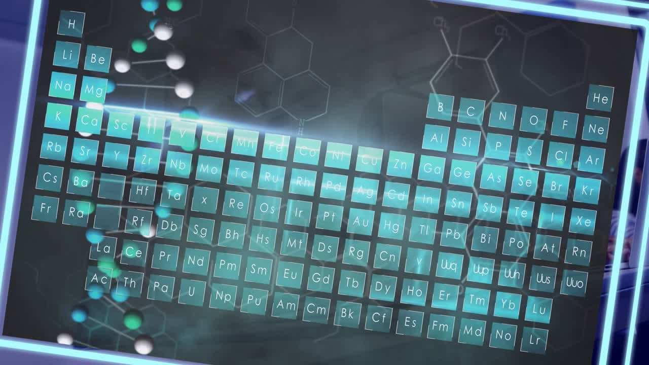 Periodic table, chemical and dna structure over caucasian girl using laptop in the class at school