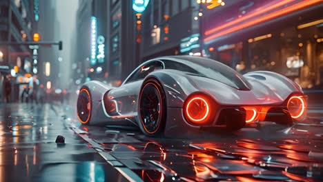 futuristic car on wet city street at night with neon lights