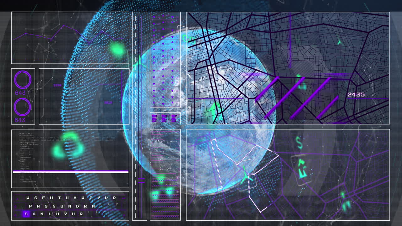 Animation of data processing over globe on black background