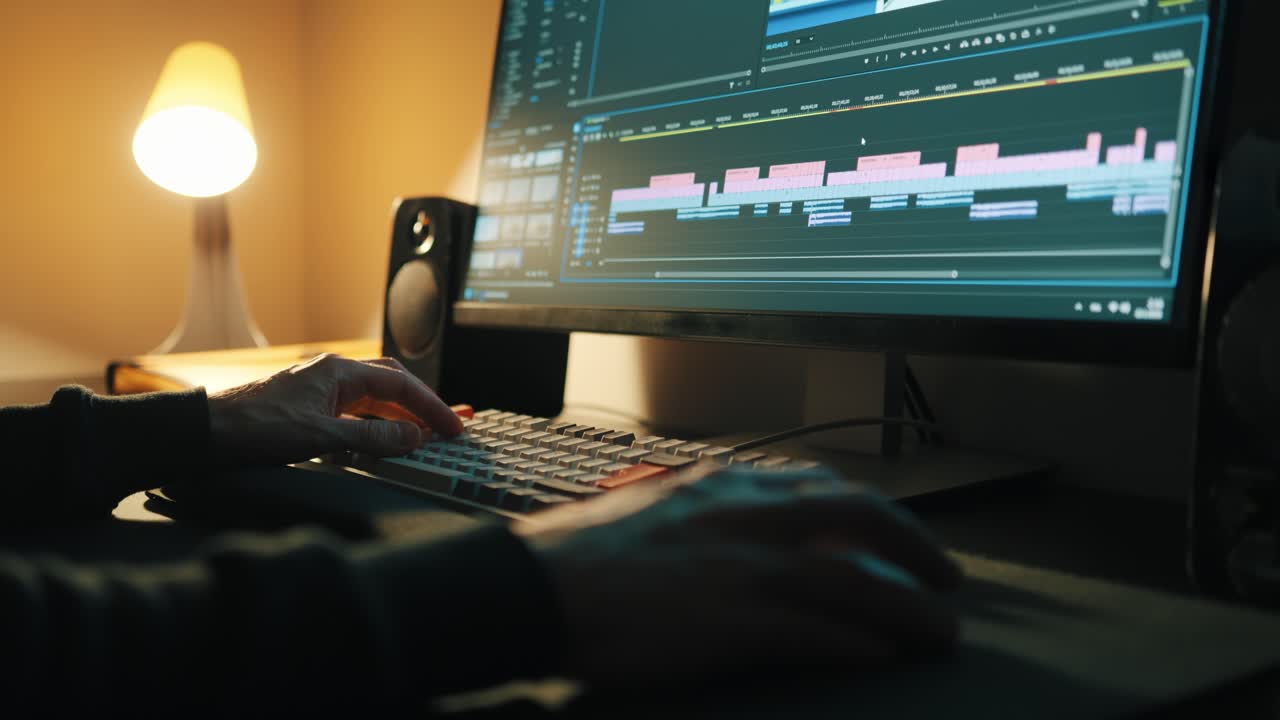 Video editing. Man sitting at a desk, scrolling through a timeline in Premiere Pro