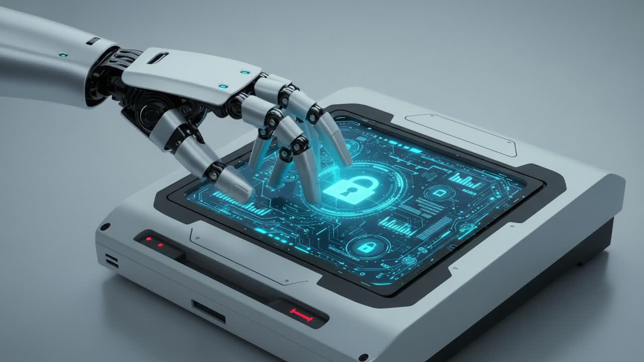 A robotic hand reaches towards a high-tech digital interface displaying secure data, symbolizing the intersection of technology and cybersecurity in a futuristic setting