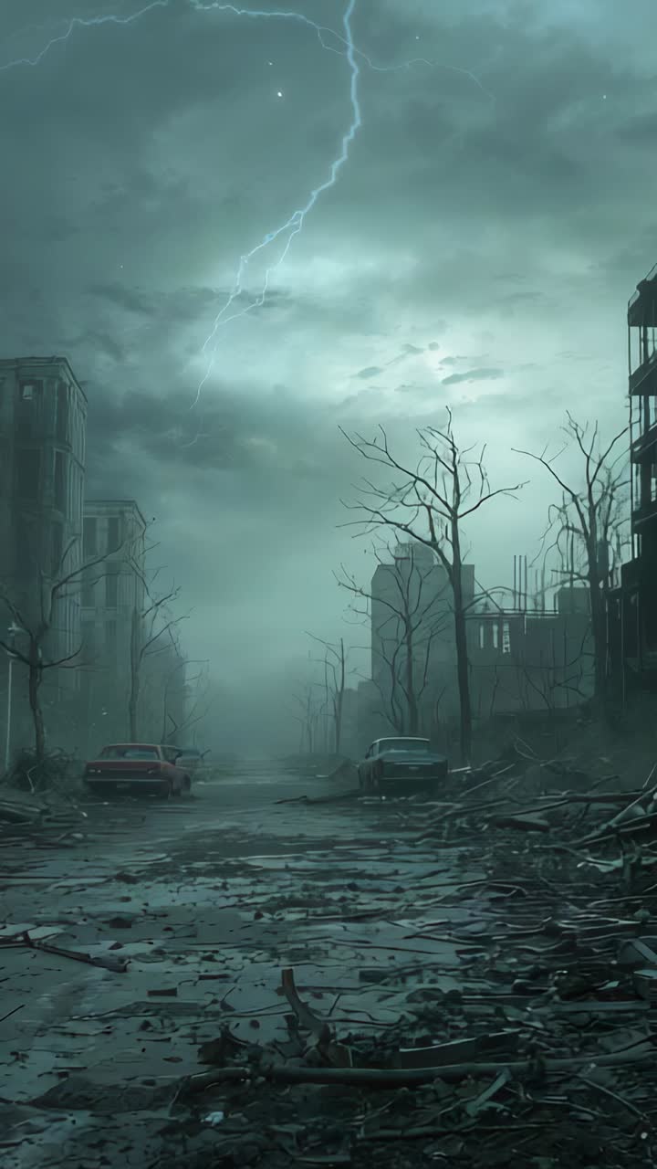 Vertical video: Gathering storm clouds flashing lightning over cars on street, revealing ruins