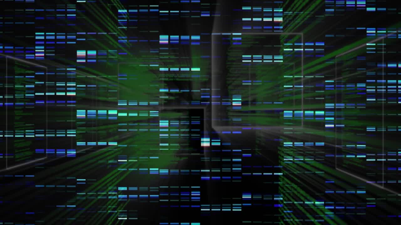 Flackernde grüne Linien strömen durch einen digitalen 3D-Datentunnel und ziehen den Betrachter in die Netzwerktiefe.