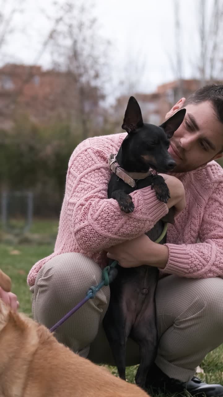 Couple stroking and petting their dogs while enjoying a day outdoors together in the park.