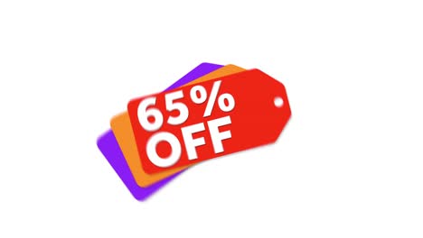 el elemento de etiqueta de precio de venta rojo, naranja y morado se anima, anuncia un 65% de descuento en la venta