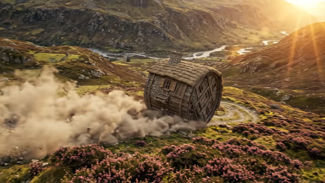 Casa de Barril Caprichosa Rolando por uma Encosta de Montanha Panorâmica
