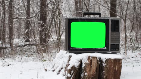 vintage tv with green screen on old stump white is snowing in winter season