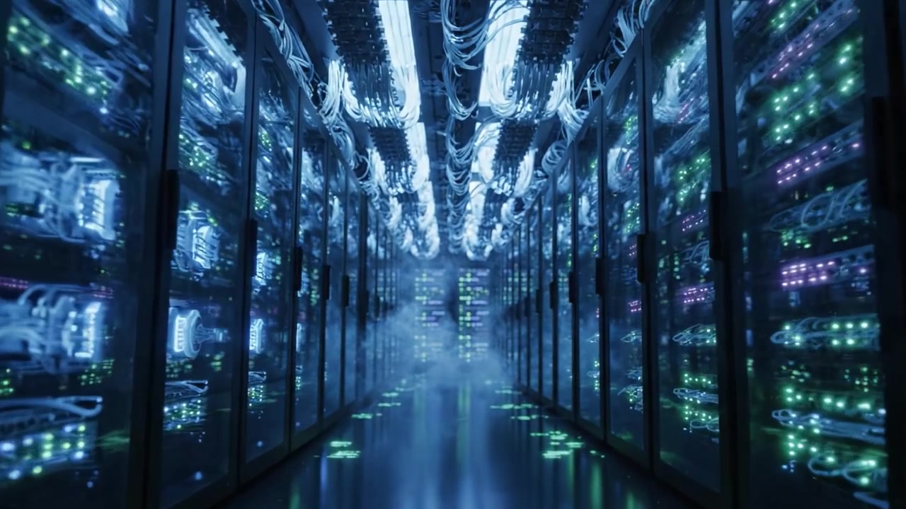 A Futuristic Data Center: A Glimpse into the Intricate Network of Servers, Cables, and Lights in a High-Tech Environment