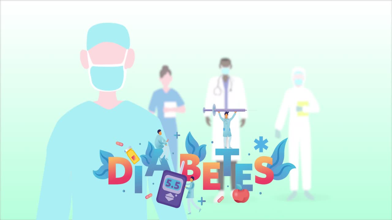 당뇨병 텍스트 및 의료 장비의 애니메이션 외과 의사, 남성과 여성 의사