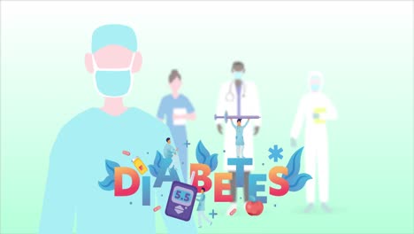 Animation-of-diabetes-text-and-medical-equipment-over-surgeon,-male-and-female-doctors