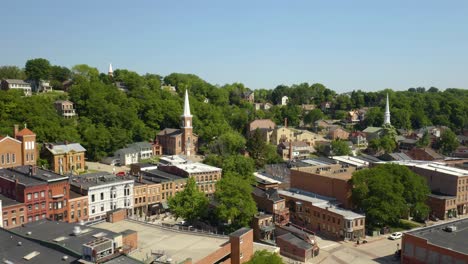 beautiful establishing shot of historic galena, illinois from above