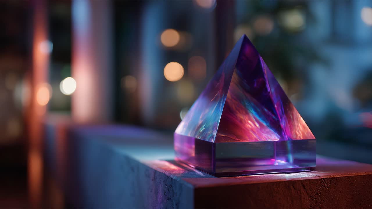 A Stunning Close-Up of a Colorful Crystal Pyramid Reflecting Light in a Serene Ambiance, Capturing Its Intricate Details and Vibrant Hues in Artistic Presentation