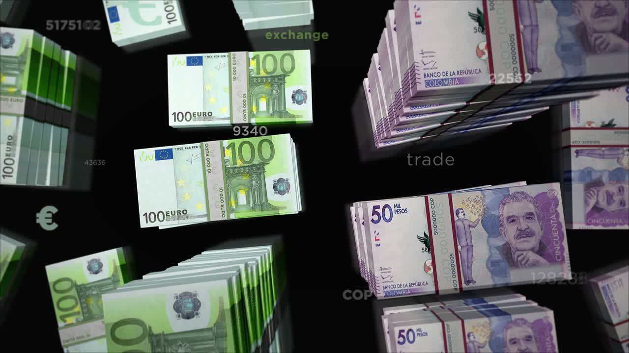 유로와 콜롬비아 페소 화폐 교환 루프 애니메이션